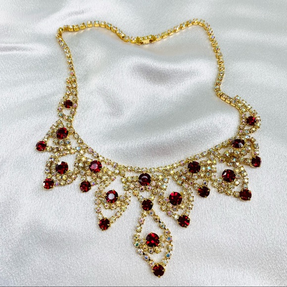 Deep Red Ruby & Gold Color Rhinestones NECKLACE / Stunning Statement necklace - Picture 4 of 4